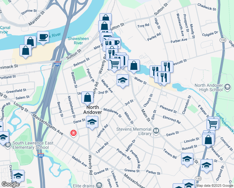 map of restaurants, bars, coffee shops, grocery stores, and more near 66 Maple Avenue in North Andover