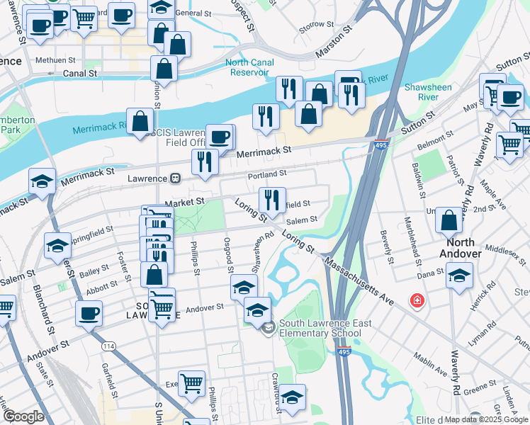map of restaurants, bars, coffee shops, grocery stores, and more near 65 Greenfield Street in Lawrence