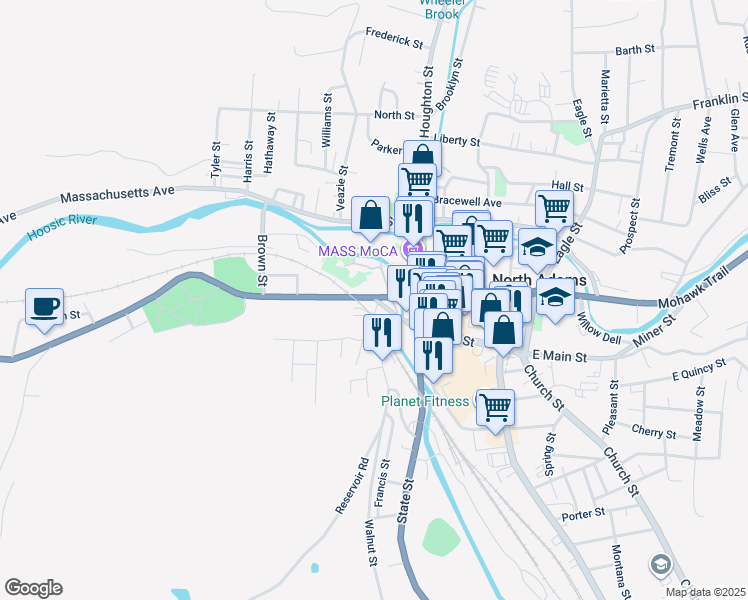 map of restaurants, bars, coffee shops, grocery stores, and more near 47-59 W Main St in North Adams