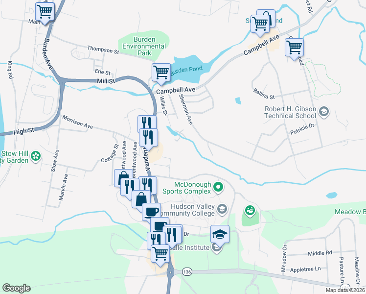 map of restaurants, bars, coffee shops, grocery stores, and more near 101-177 Vandenburgh Place in Troy