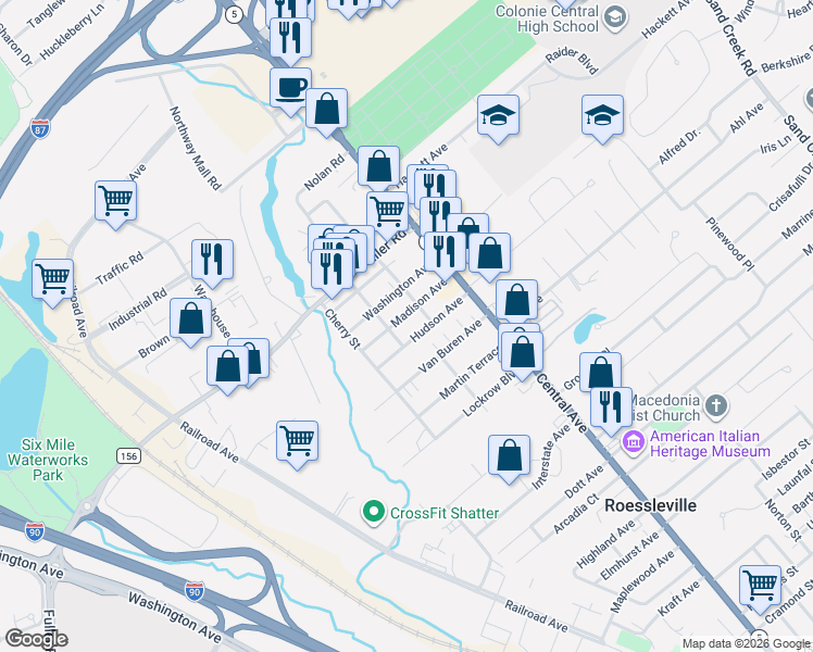 map of restaurants, bars, coffee shops, grocery stores, and more near 20 Madison Avenue in Albany