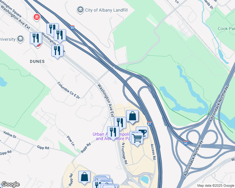map of restaurants, bars, coffee shops, grocery stores, and more near 195 Washington Avenue Extension in Albany