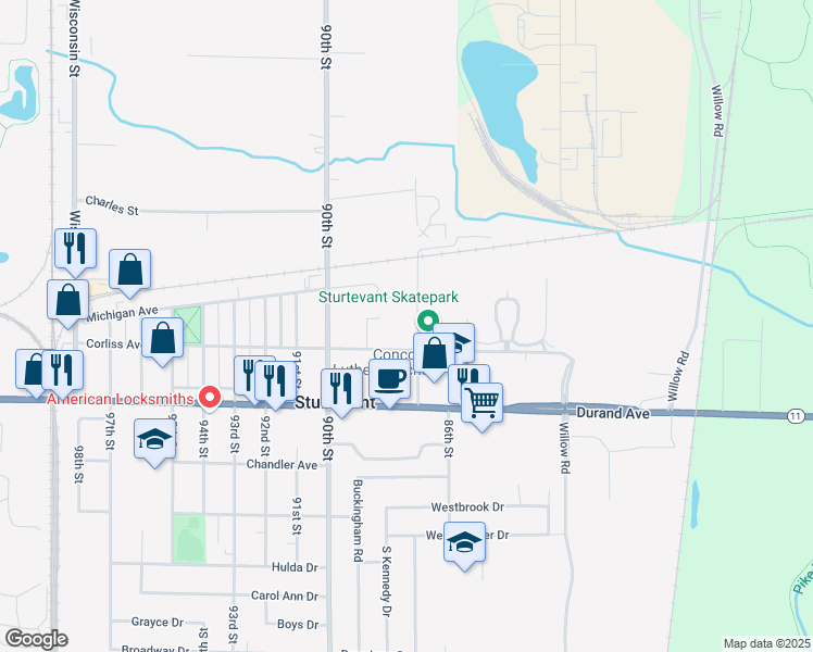map of restaurants, bars, coffee shops, grocery stores, and more near 2825 87th Street in Sturtevant