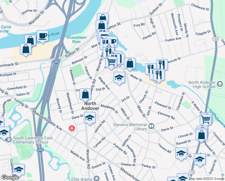 map of restaurants, bars, coffee shops, grocery stores, and more near 66 Maple Avenue in North Andover