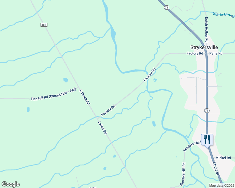 map of restaurants, bars, coffee shops, grocery stores, and more near 359 Factory Road in Strykersville