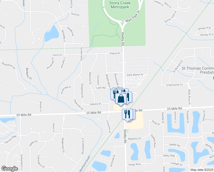 map of restaurants, bars, coffee shops, grocery stores, and more near 4263 Tyler Road in Shelby Charter Township