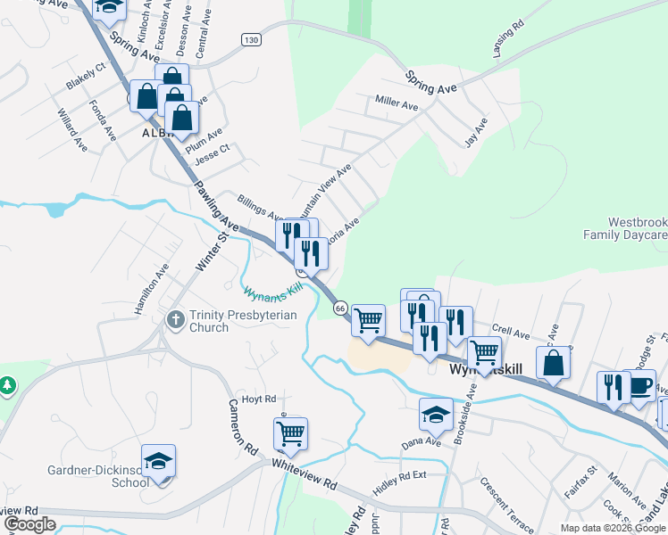 map of restaurants, bars, coffee shops, grocery stores, and more near 11 Lakeview Avenue in Troy