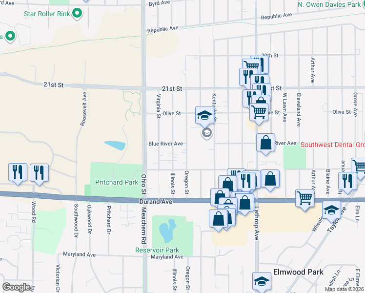 map of restaurants, bars, coffee shops, grocery stores, and more near 4401 Blue River Avenue in Racine