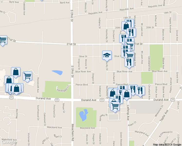 map of restaurants, bars, coffee shops, grocery stores, and more near 4401 Blue River Avenue in Racine