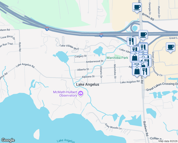 map of restaurants, bars, coffee shops, grocery stores, and more near 605 Alberta Street in Auburn Hills