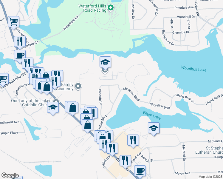 map of restaurants, bars, coffee shops, grocery stores, and more near 4180 Eagles Nest Drive in Waterford Township