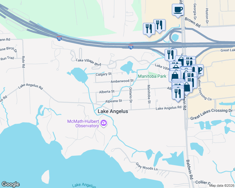 map of restaurants, bars, coffee shops, grocery stores, and more near 605 Alberta St in Auburn Hills