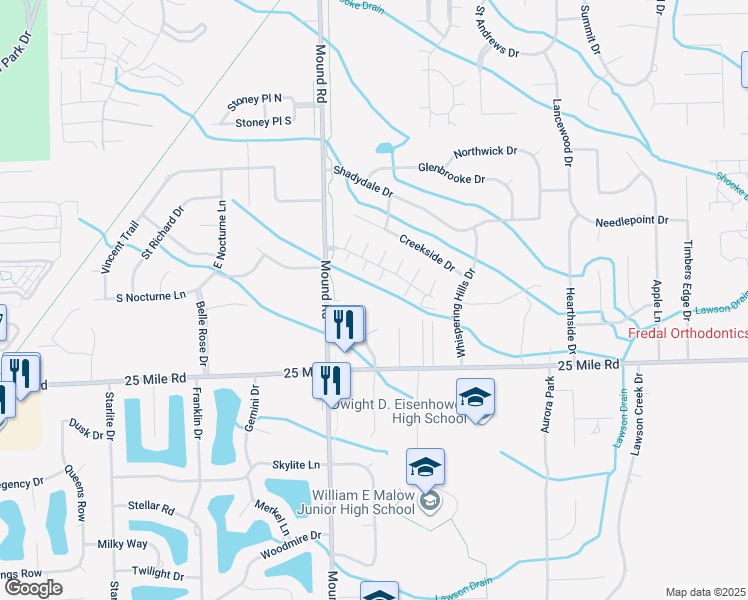 map of restaurants, bars, coffee shops, grocery stores, and more near 55250 Mound Road in Shelby Township