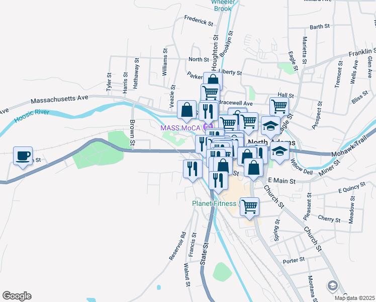 map of restaurants, bars, coffee shops, grocery stores, and more near 47 West Main Street in North Adams