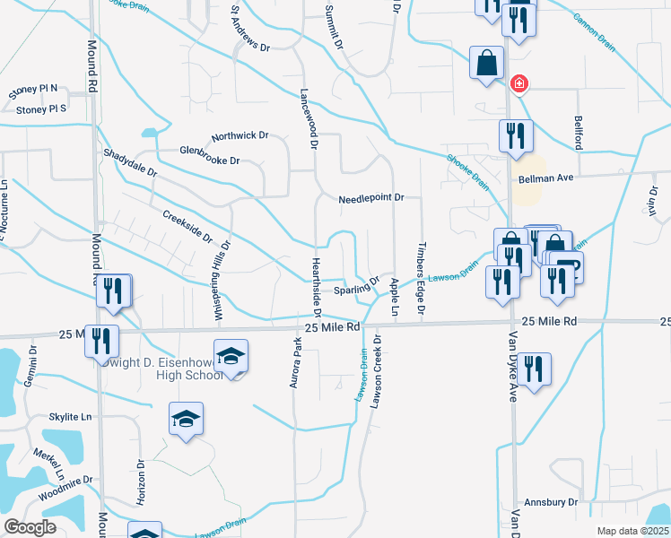 map of restaurants, bars, coffee shops, grocery stores, and more near 55273 Leonard Court in Macomb County