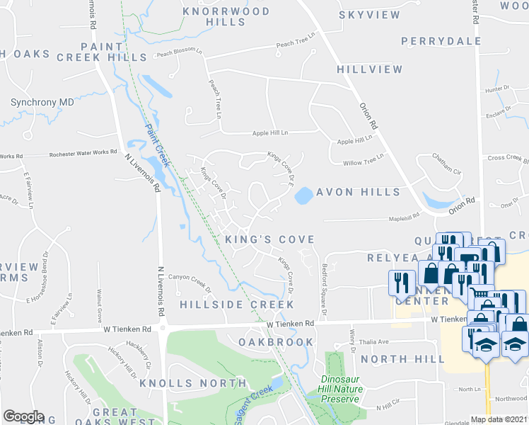 map of restaurants, bars, coffee shops, grocery stores, and more near 1284 Kings Cove Drive East in Rochester Hills