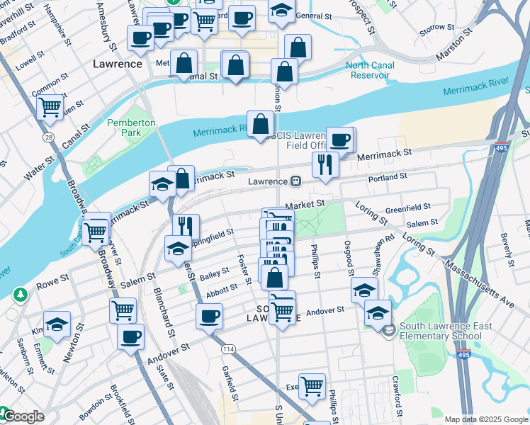 map of restaurants, bars, coffee shops, grocery stores, and more near 210 Market Street in Lawrence