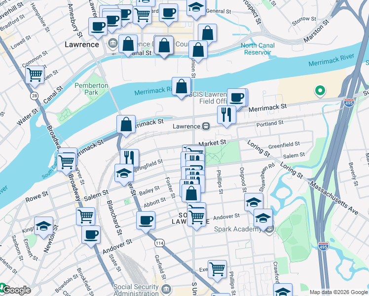 map of restaurants, bars, coffee shops, grocery stores, and more near 210 Market Street in Lawrence