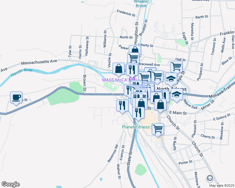 map of restaurants, bars, coffee shops, grocery stores, and more near 47-59 W Main St in North Adams