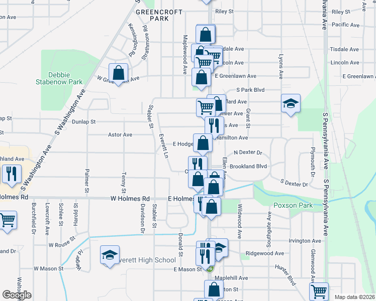 map of restaurants, bars, coffee shops, grocery stores, and more near 224 East Hodge Avenue in Lansing