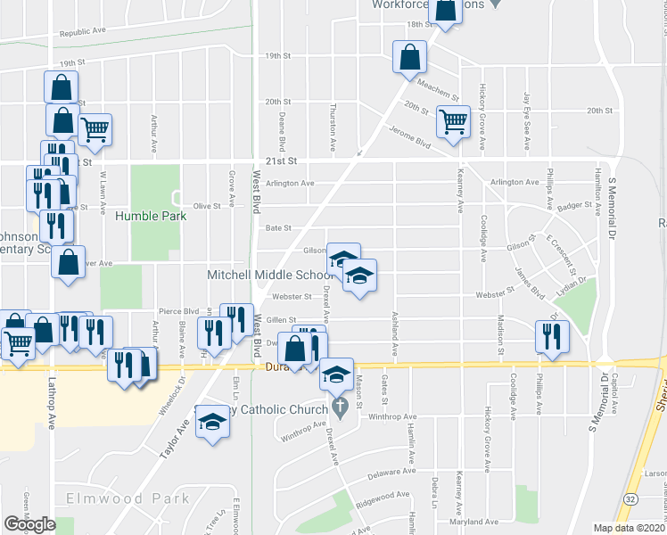 map of restaurants, bars, coffee shops, grocery stores, and more near 2512 Drexel Avenue in Racine