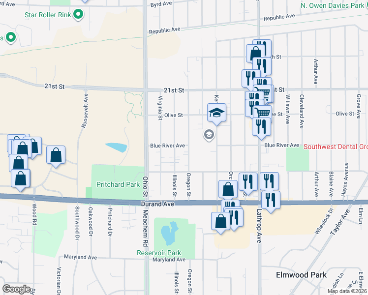 map of restaurants, bars, coffee shops, grocery stores, and more near 4401 Blue River Avenue in Racine
