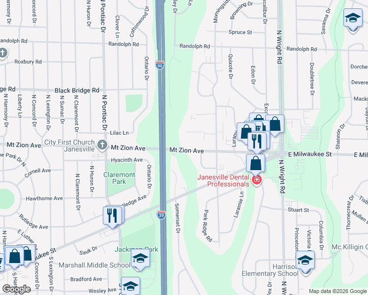 map of restaurants, bars, coffee shops, grocery stores, and more near 3117 Mount Zion Avenue in Janesville