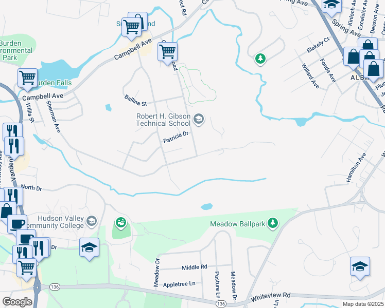 map of restaurants, bars, coffee shops, grocery stores, and more near 223 Sherman Avenue in Troy