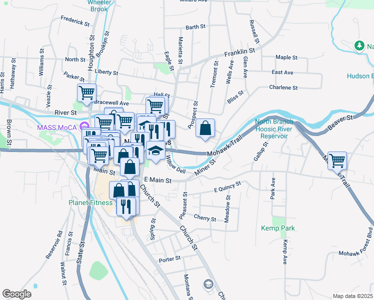 map of restaurants, bars, coffee shops, grocery stores, and more near 103 Mohawk Trail in North Adams
