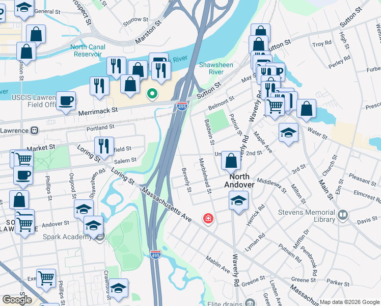map of restaurants, bars, coffee shops, grocery stores, and more near 87 Union Street in North Andover