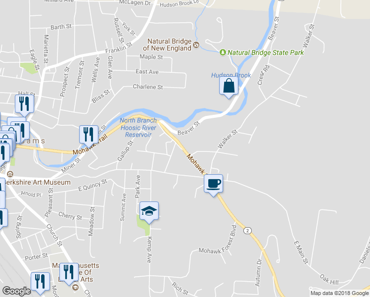 map of restaurants, bars, coffee shops, grocery stores, and more near 431 Union Street in North Adams