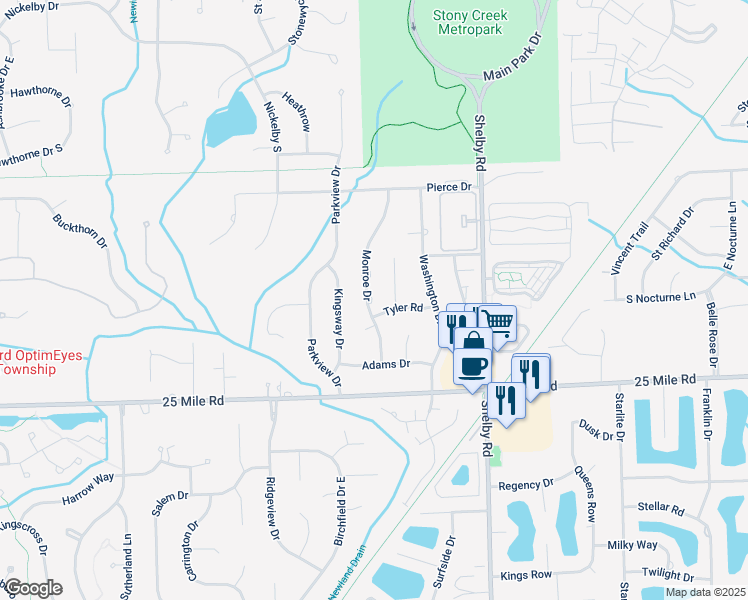 map of restaurants, bars, coffee shops, grocery stores, and more near 55436 Monroe Drive in Macomb County