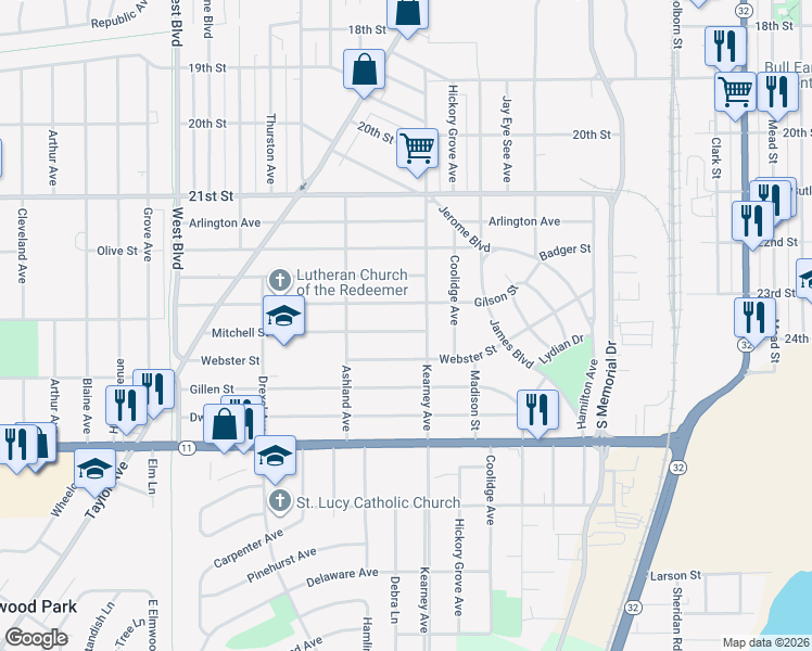 map of restaurants, bars, coffee shops, grocery stores, and more near 2316 Mitchell Street in Racine