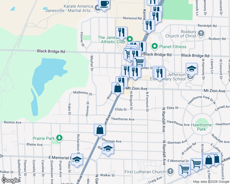 map of restaurants, bars, coffee shops, grocery stores, and more near 1247 Milton Avenue in Janesville