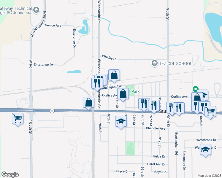 map of restaurants, bars, coffee shops, grocery stores, and more near 2835 97th St in Sturtevant