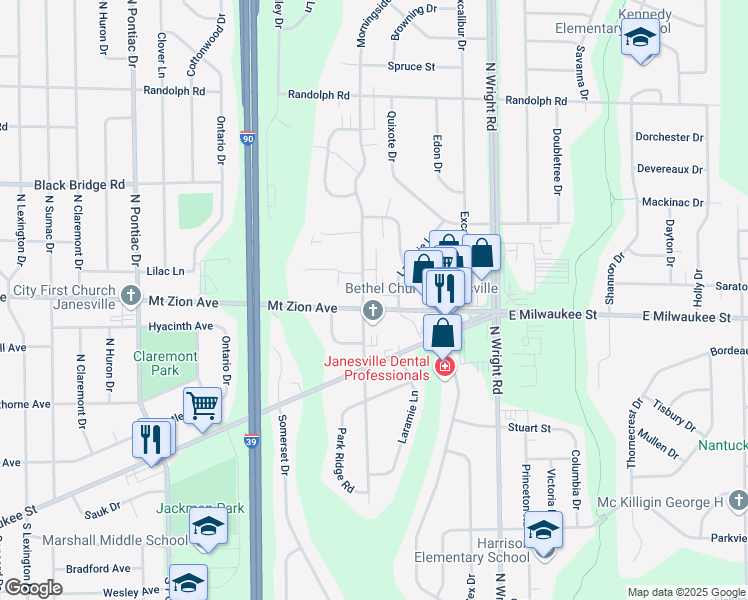 map of restaurants, bars, coffee shops, grocery stores, and more near 3307 Mount Zion Avenue in Janesville