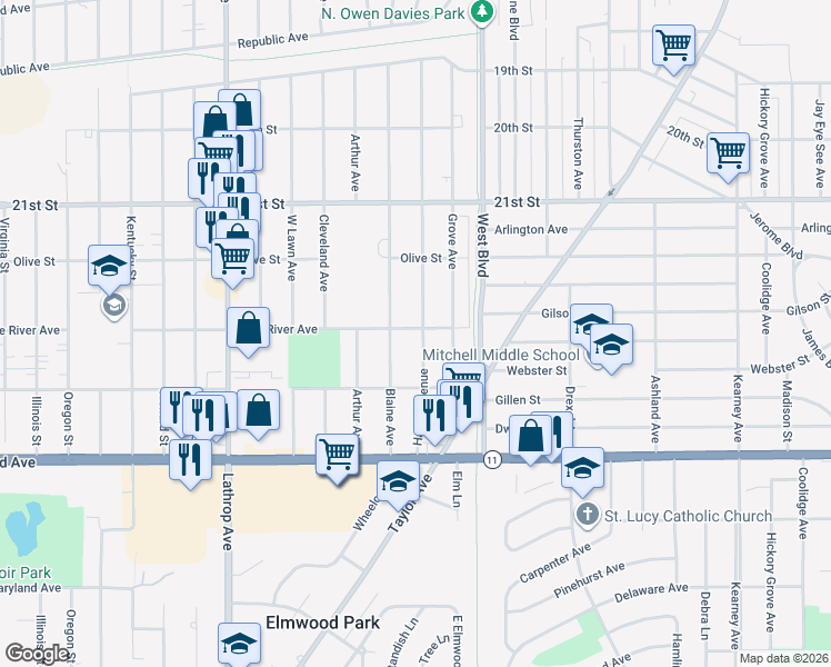 map of restaurants, bars, coffee shops, grocery stores, and more near 2500 Hayes Avenue in Racine
