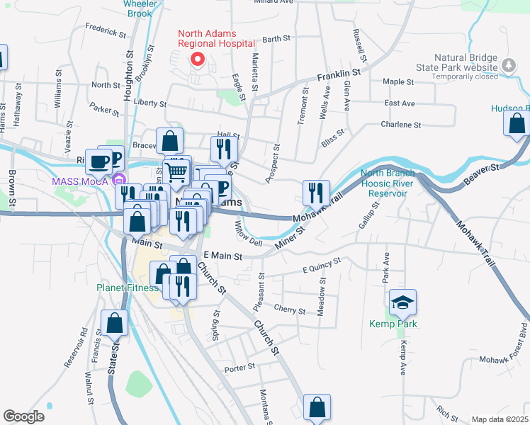 map of restaurants, bars, coffee shops, grocery stores, and more near 103-201 Mohawk Trail in North Adams