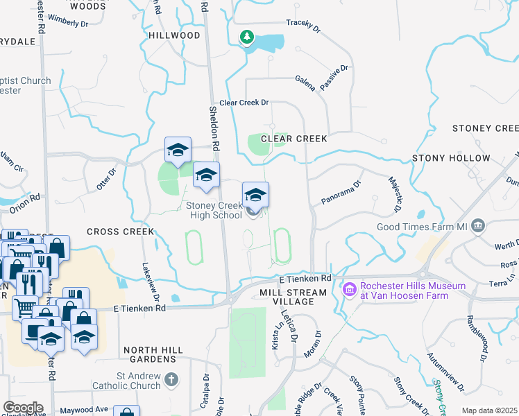 map of restaurants, bars, coffee shops, grocery stores, and more near 575 East Tienken Road in Rochester Hills