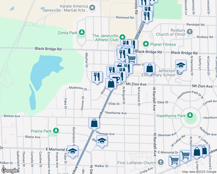map of restaurants, bars, coffee shops, grocery stores, and more near 1247 Milton Avenue in Janesville