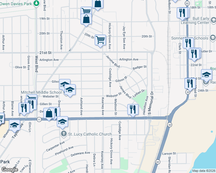 map of restaurants, bars, coffee shops, grocery stores, and more near 2518 Coolidge Avenue in Racine