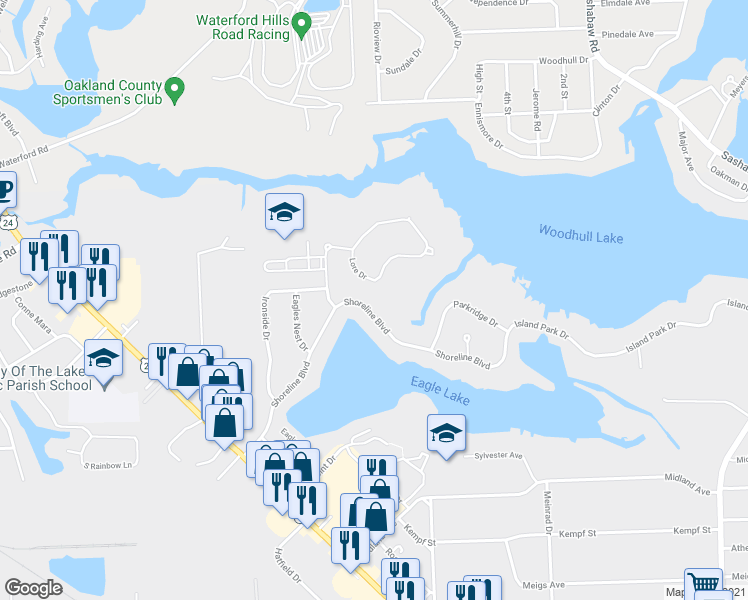 map of restaurants, bars, coffee shops, grocery stores, and more near 5000 Shoreline Boulevard in Waterford Township