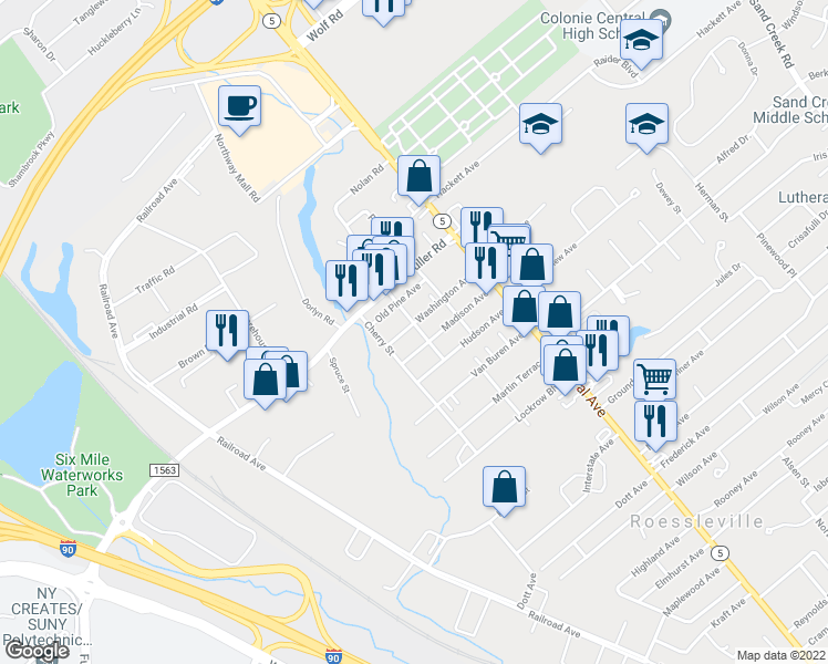 map of restaurants, bars, coffee shops, grocery stores, and more near 52 Washington Avenue in Albany