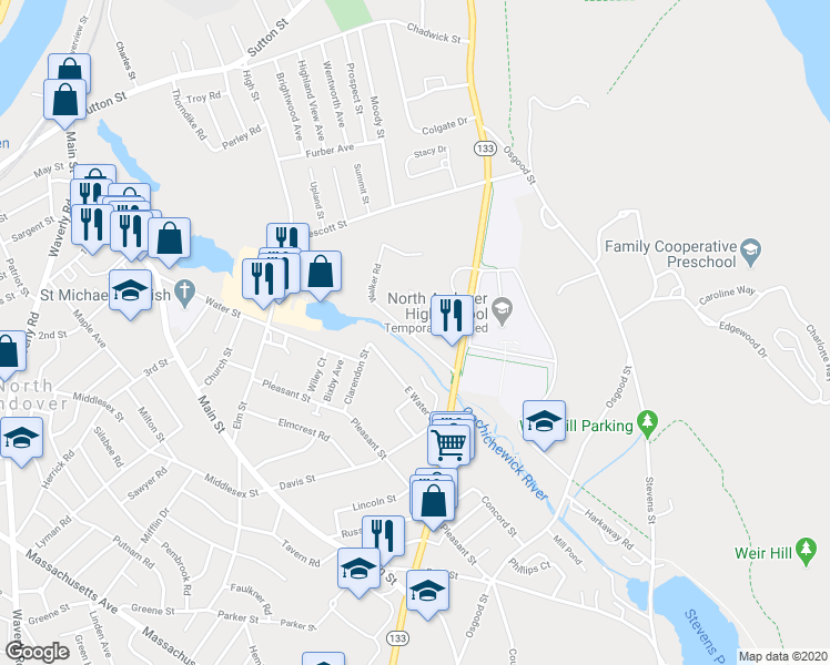 map of restaurants, bars, coffee shops, grocery stores, and more near 24 Walker Road in North Andover