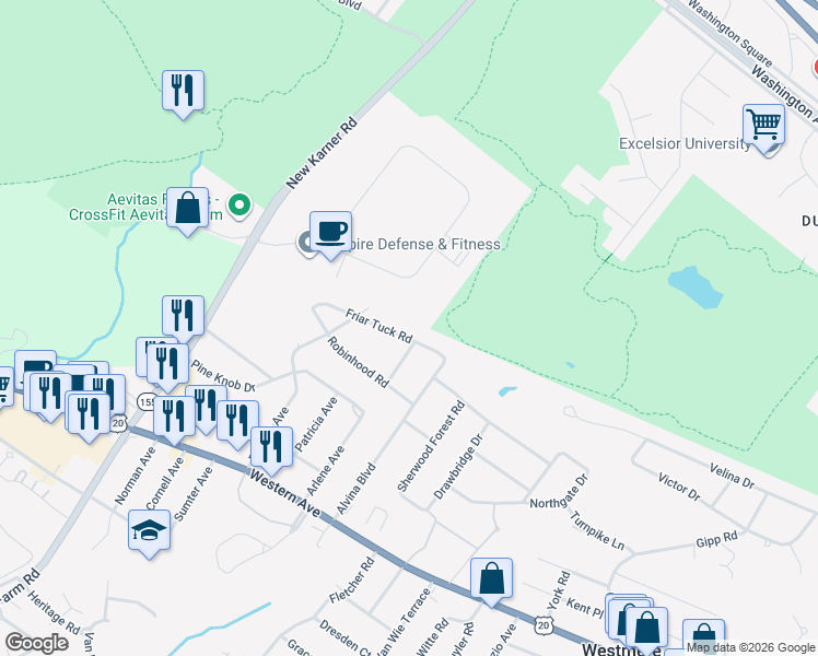 map of restaurants, bars, coffee shops, grocery stores, and more near 22 Friar Tuck Road in Albany