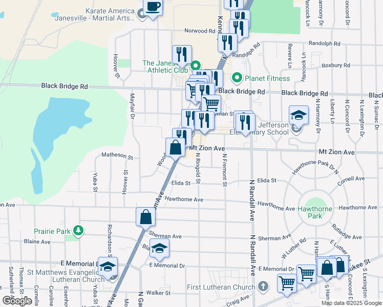 map of restaurants, bars, coffee shops, grocery stores, and more near 1260 Milton Avenue in Janesville