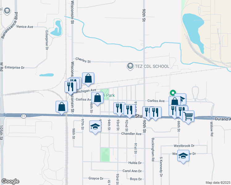 map of restaurants, bars, coffee shops, grocery stores, and more near 2828 93rd St in Sturtevant