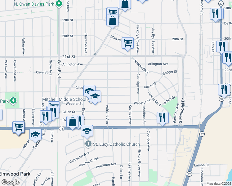 map of restaurants, bars, coffee shops, grocery stores, and more near 2416 Mitchell Street in Racine