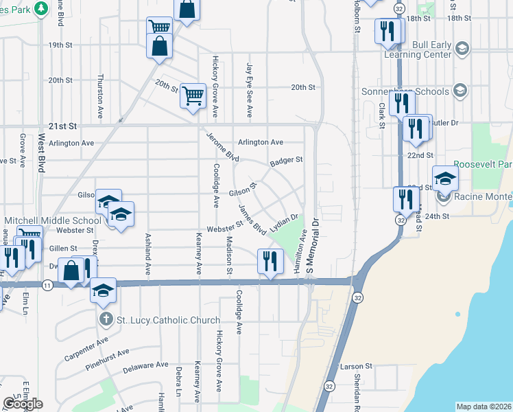 map of restaurants, bars, coffee shops, grocery stores, and more near 2528 West Crescent Street in Racine