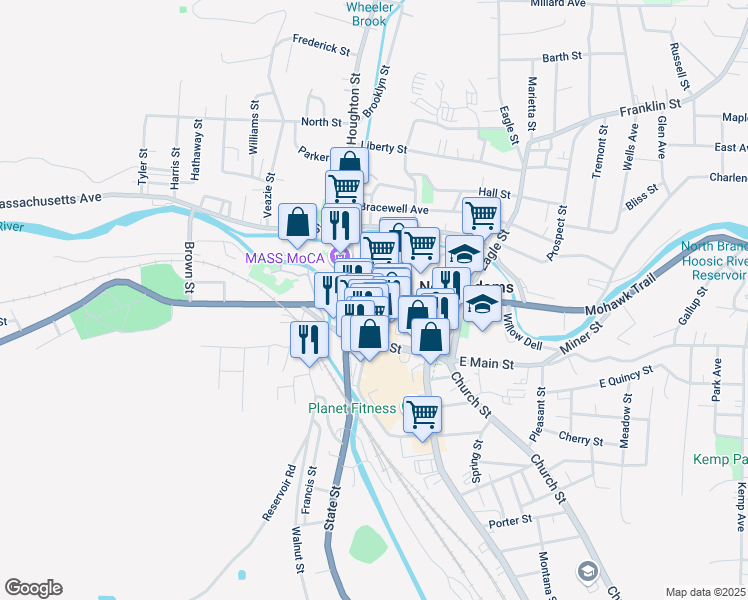 map of restaurants, bars, coffee shops, grocery stores, and more near 43 Veterans Memorial Drive in North Adams